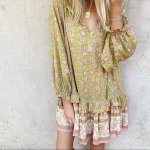 Spell & The Gypsy Collective Dahlia Tunic Dress Green Mini Gold Metallic XS